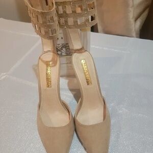 Beige Suede Pointed-Toe Women’s Heels with Ankle Cuff